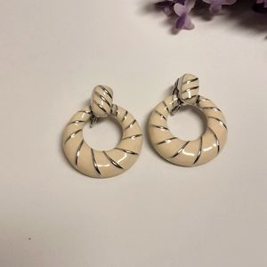 Vintage Clip Earrings Beige Enamel & Silver Tone Circle 1 1/2" Long